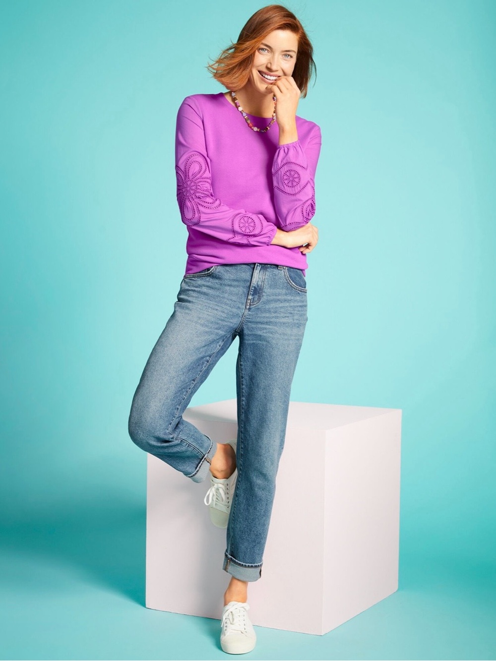 💜EUC Talbots “Eyelet Sleeves Crewneck Sweatshirt” Radiant Orchid💜 Sz X (0X/14W)